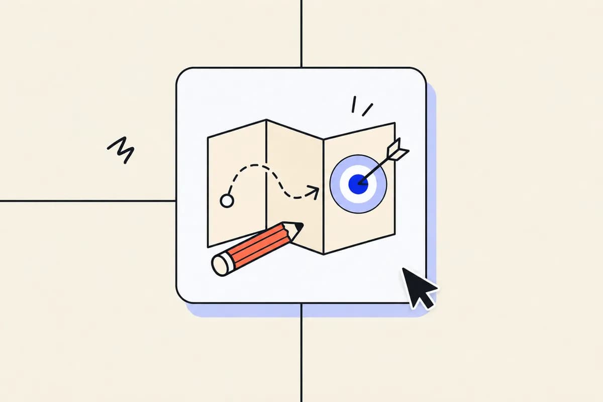 Une carte de stratégie, une cible bleue et un crayon : clarifier l’objectif avant de construire.